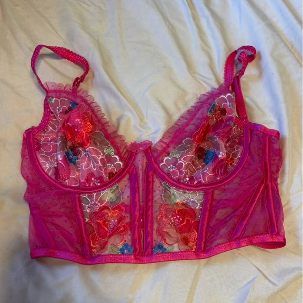 Fuchsia Floral Embroidered Longline Bra - Women Intimates